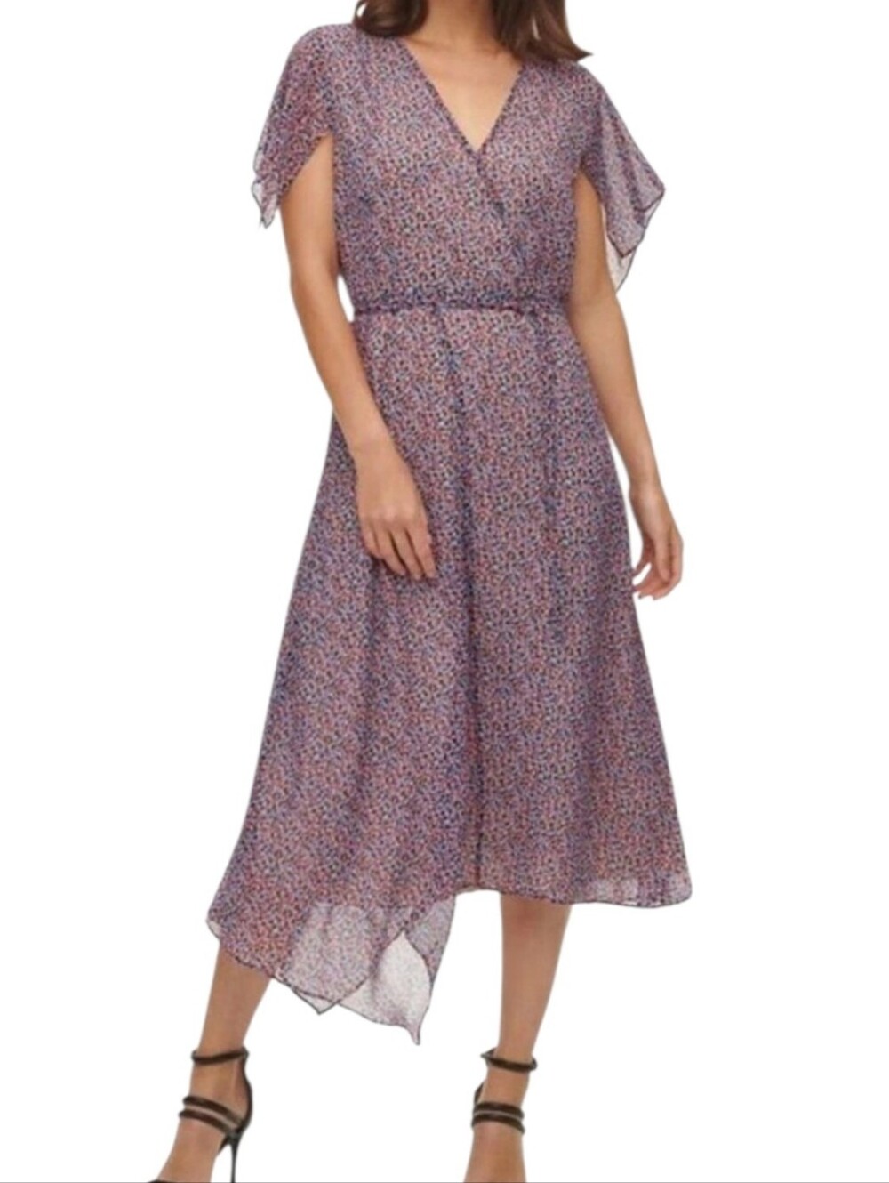 New Missing Belt DKNY Short Sleeve Chiffon Midi Handkerchief Hem 4